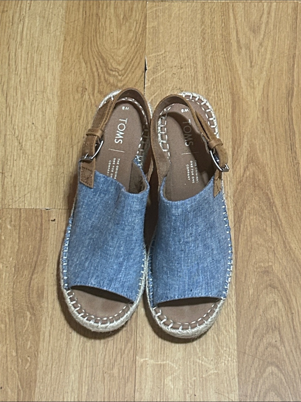 TOMS Blue Denim Open-Toe Espadrille Slingbacks with Tan Straps Size 8W
